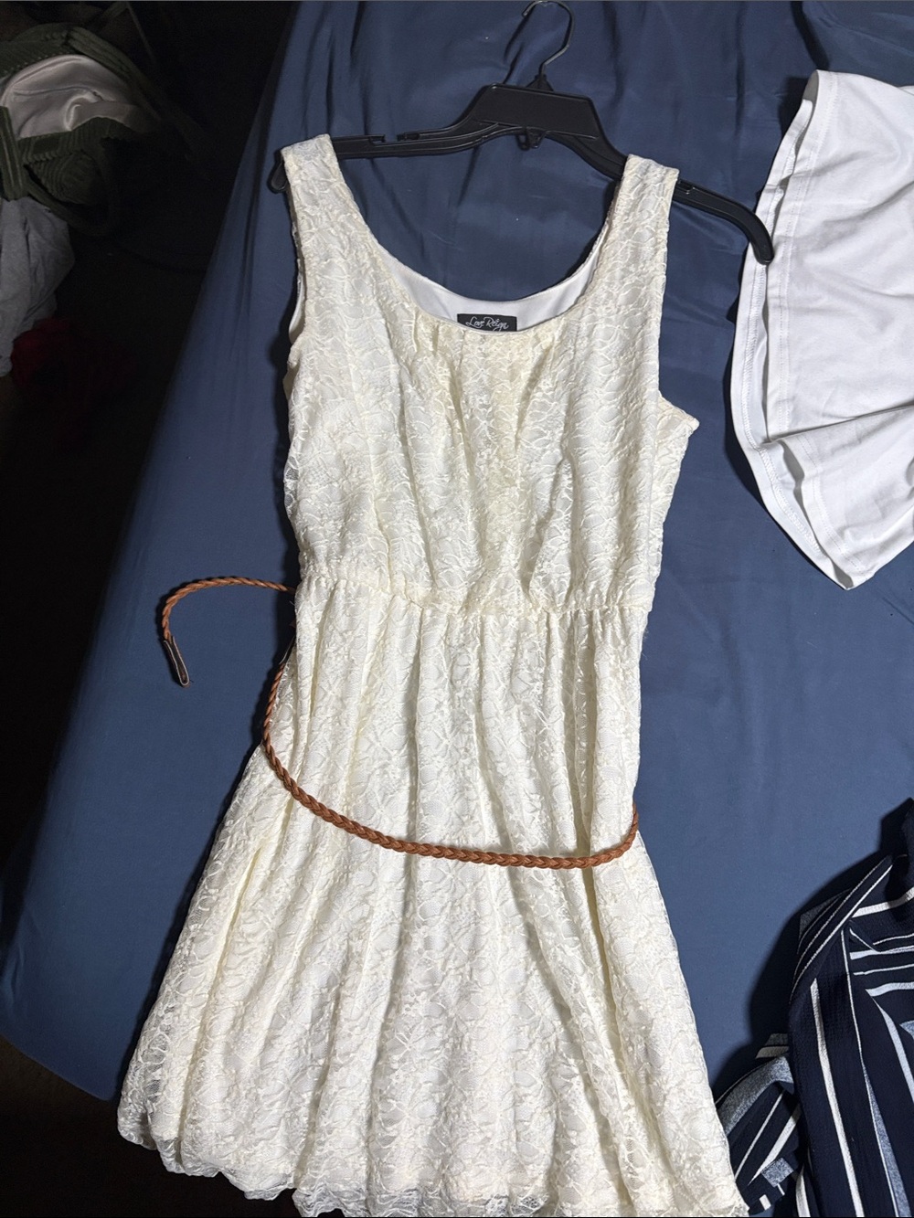 eye candy Cream Lace Mini Dress with Braided Brown Belt